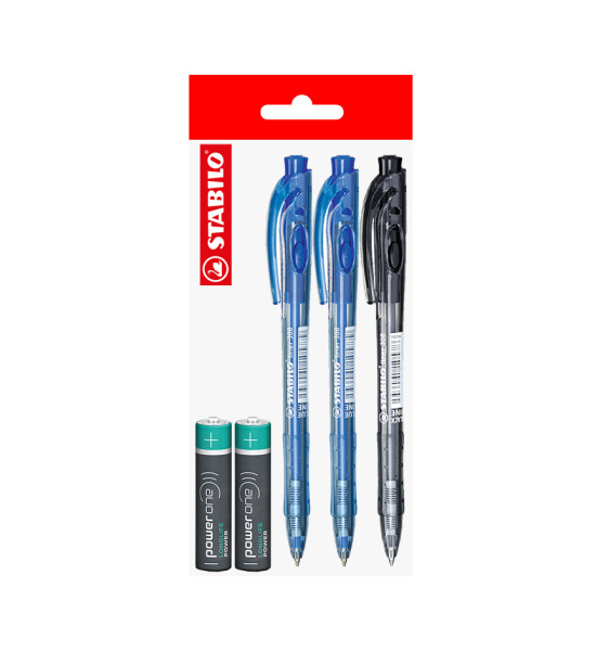 Pack: 3x Boligráfo Liner Retráctil MTR  STABILO + 2x Pilas AAA POWER ONE, Pack x 5 Unds.